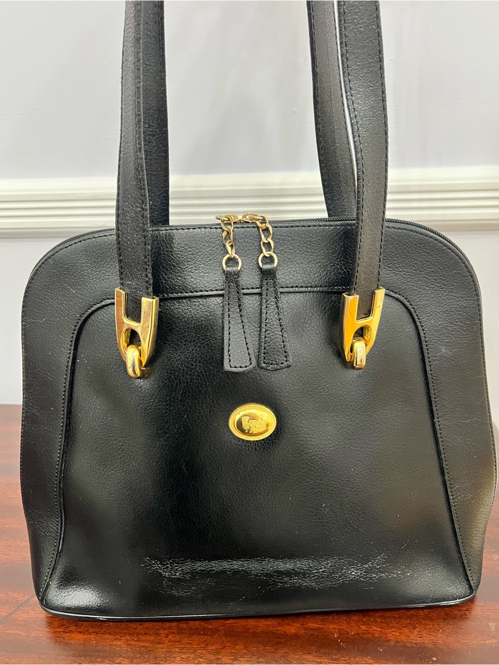 Focus Paris Vintage Classic Black Leather Tote with Gold Hardware